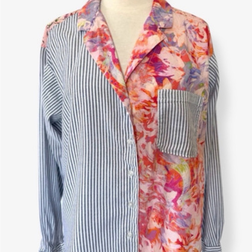 Maeve Mixed-Print Button-Up Blouse in Blue and Pink